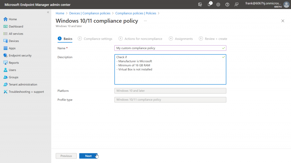 own compliance policies for intune